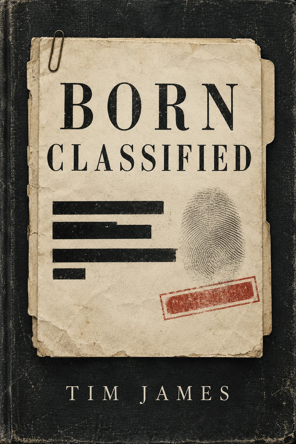 Exploratory cover study for Born Classified by Tim James: an archival file with redactions and a fingerprint over dark book cloth.