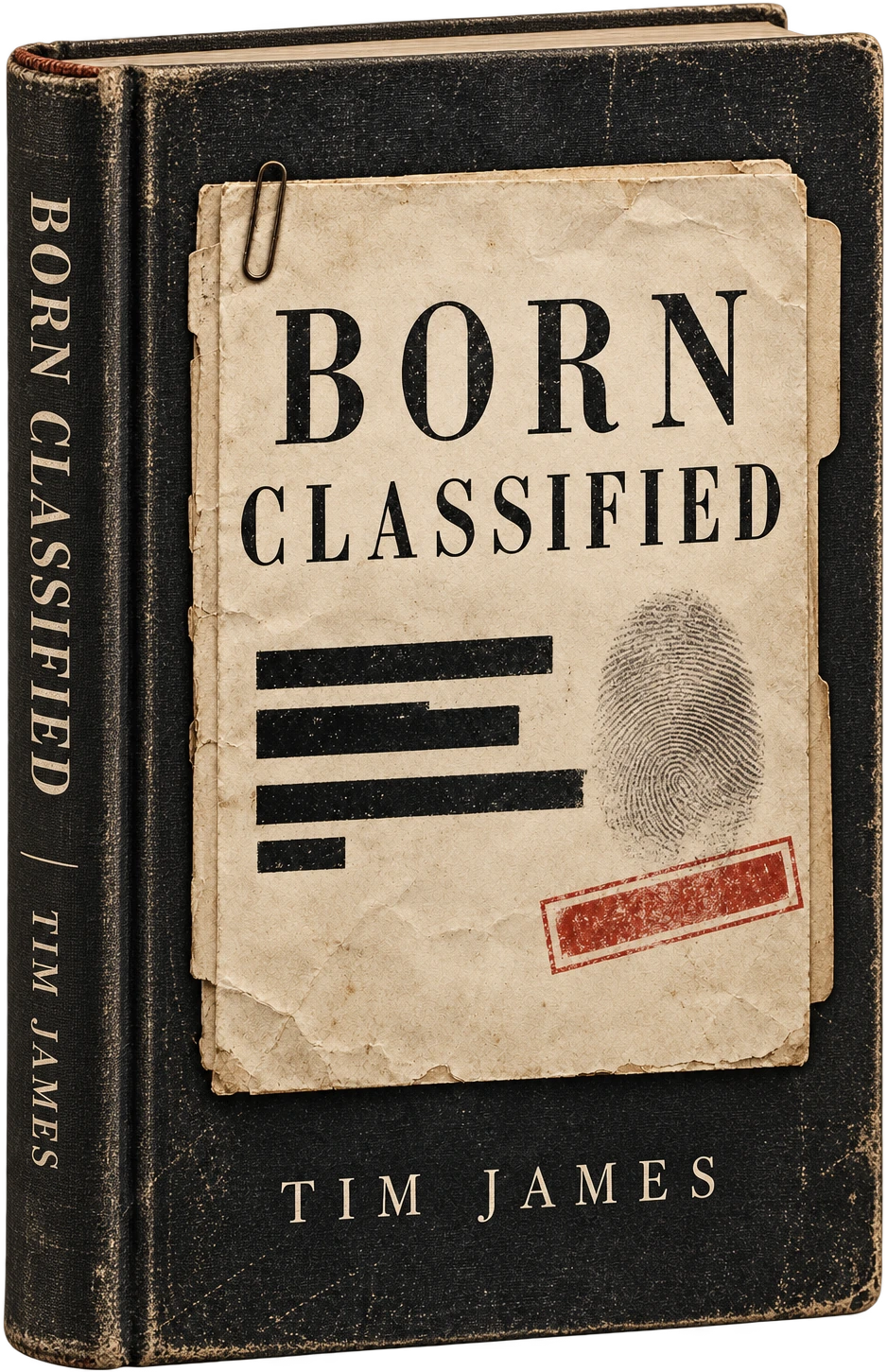 Exploratory cover study for Born Classified by Tim James: an archival file with redactions and a fingerprint over dark book cloth.