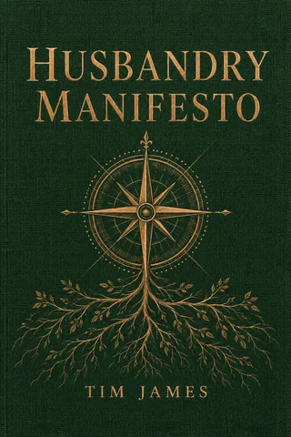 Husbandry Manifesto by Tim James, with a copper compass and roots pressed into green cloth.