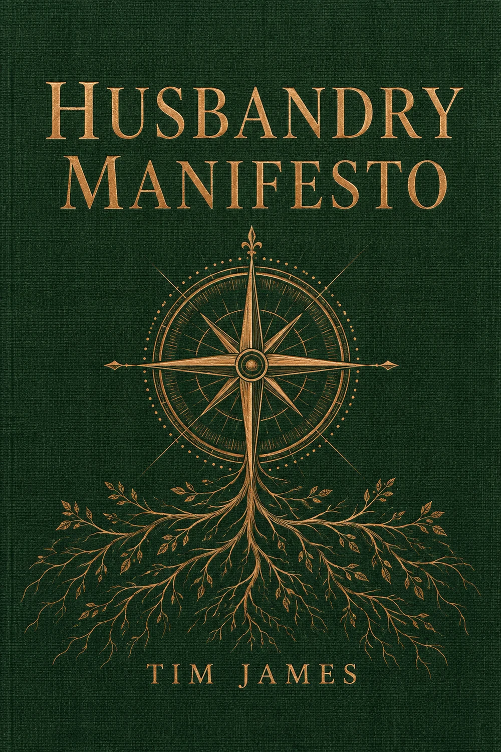 Husbandry Manifesto by Tim James. A copper compass rose and branching roots on deep green cloth.