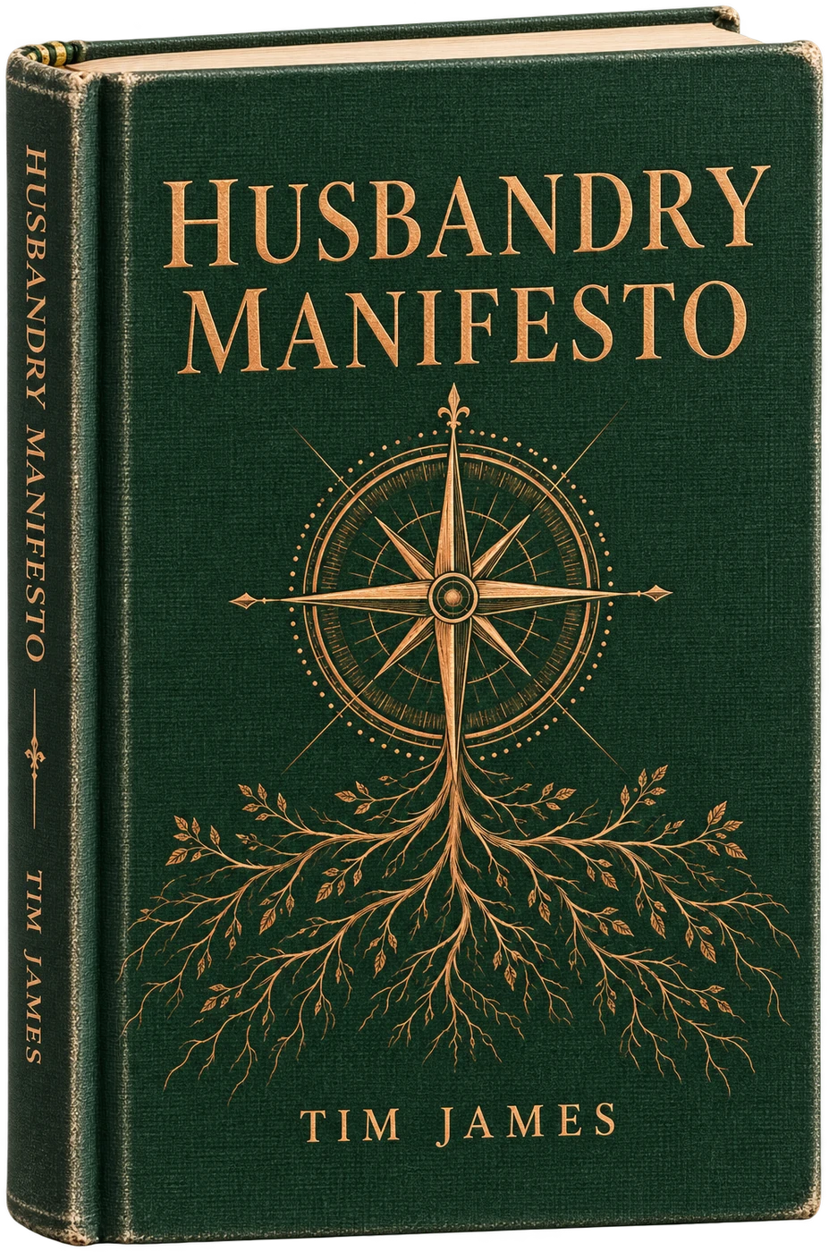 Husbandry Manifesto by Tim James. A copper compass rose and branching roots on deep green cloth.