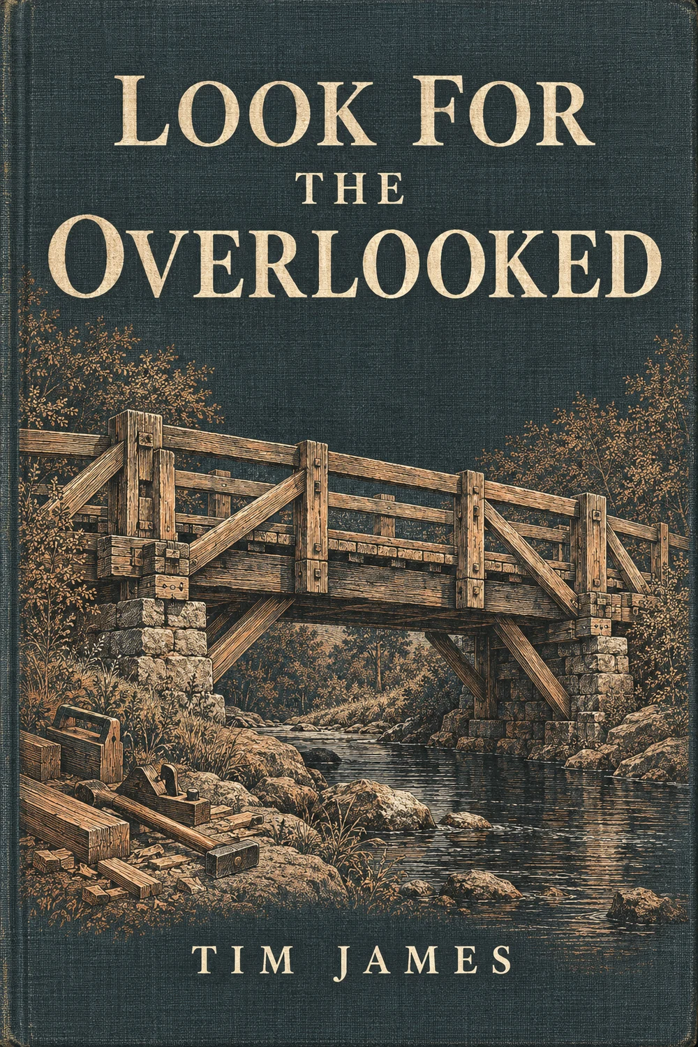 Look for the Overlooked by Tim James. Ivory lettering on worn slate cloth, with an engraved timber bridge and carpentry tools.