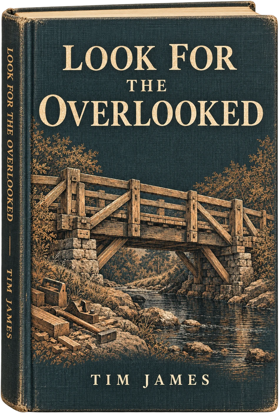Look for the Overlooked by Tim James. Ivory lettering on worn slate cloth, with an engraved timber bridge and carpentry tools.