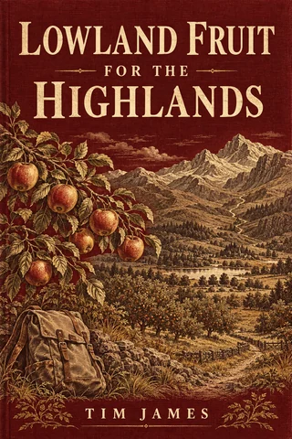 Lowland Fruit for the Highlands by Tim James, with lowland fruit and a mountain landscape.