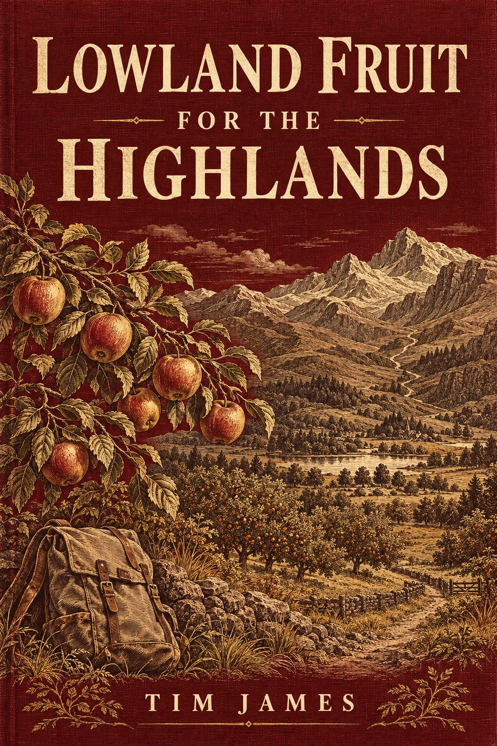 Lowland Fruit for the Highlands by Tim James. Ivory lettering on burgundy cloth, with engraved fruit, a walking pack, and a valley below exposed mountain peaks.