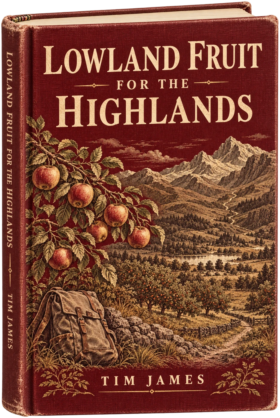 Lowland Fruit for the Highlands by Tim James. Ivory lettering on burgundy cloth, with engraved fruit, a walking pack, and a valley below exposed mountain peaks.