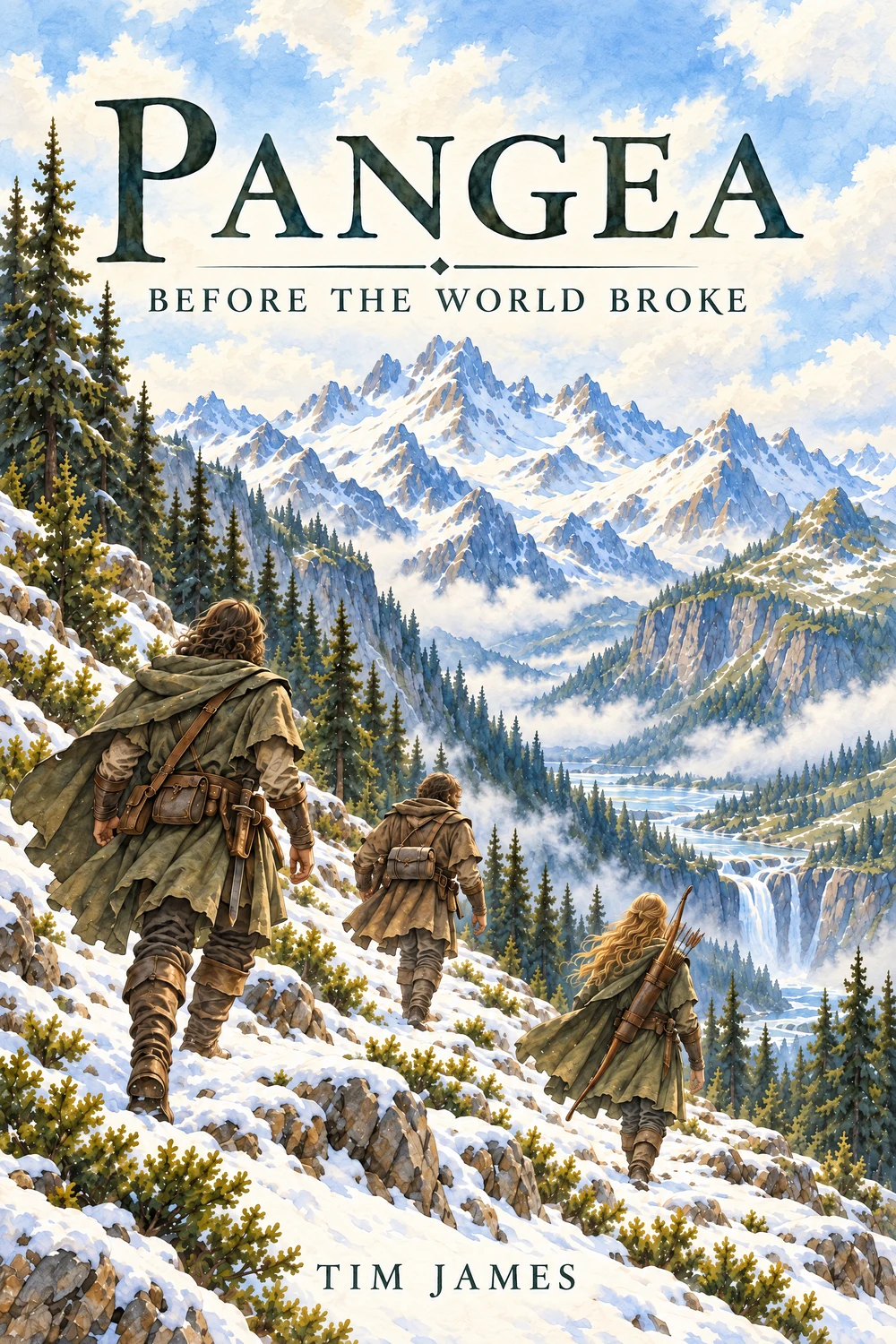 Pangea: Before the World Broke by Tim James. Watercolor cover of three travelers overlooking a snowy mountain valley.