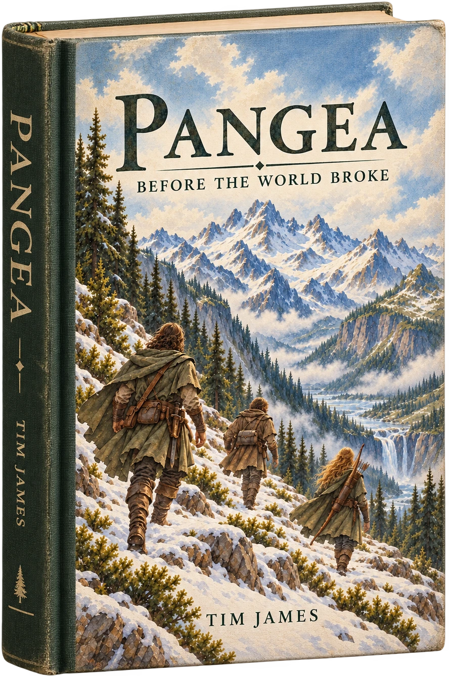 Pangea: Before the World Broke by Tim James. Watercolor cover of three travelers overlooking a snowy mountain valley.