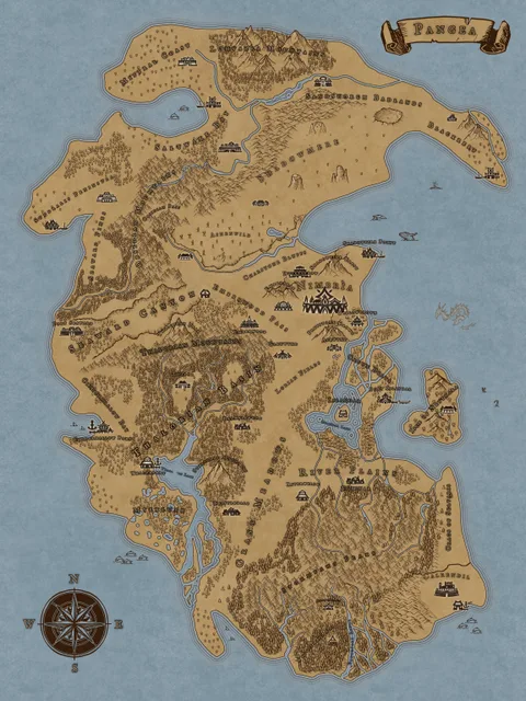 The original illustrated map of Pangea: a long continent with the Mistral Coast in the north, Nimbría near the center, and the Stormfang Peaks in the south.