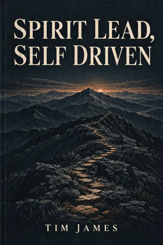 Spirit Lead, Self Driven by Tim James, with mountain contours and a copper path crossing dark blue cloth.