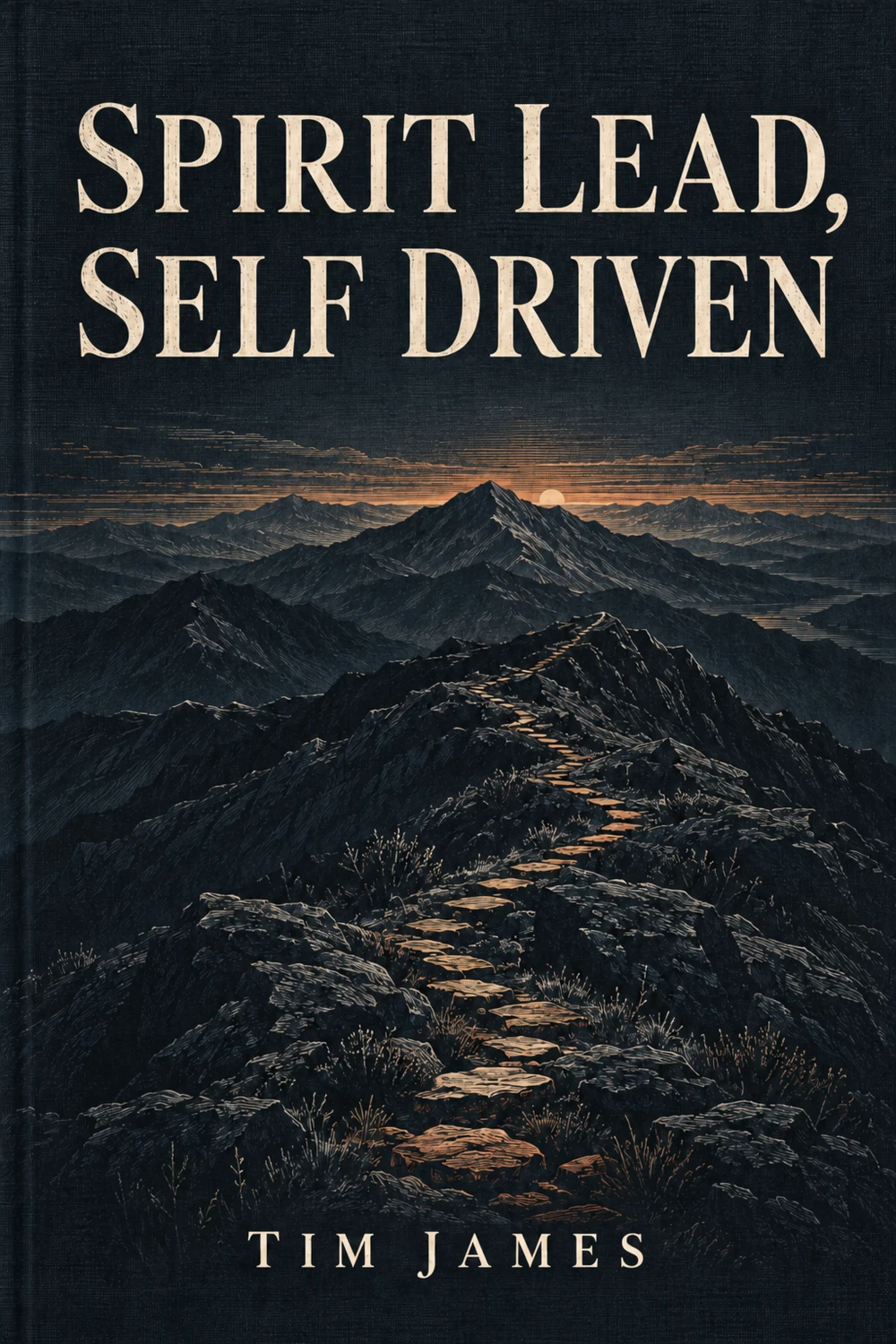 Spirit Lead, Self Driven by Tim James. An engraved mountain ridge and a copper path toward the horizon on midnight blue cloth.