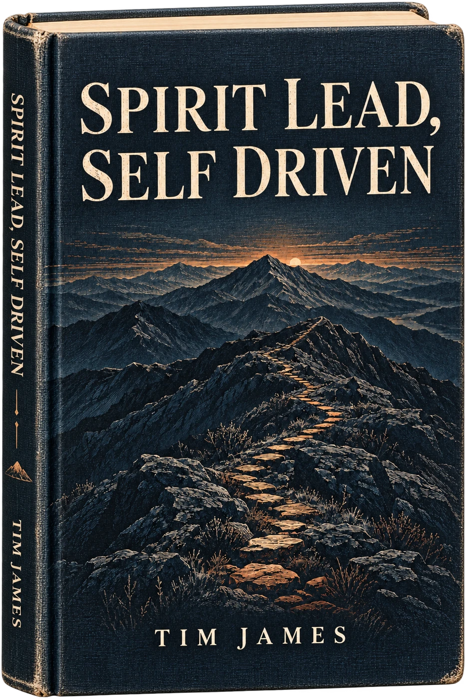 Spirit Lead, Self Driven by Tim James. An engraved mountain ridge and a copper path toward the horizon on midnight blue cloth.