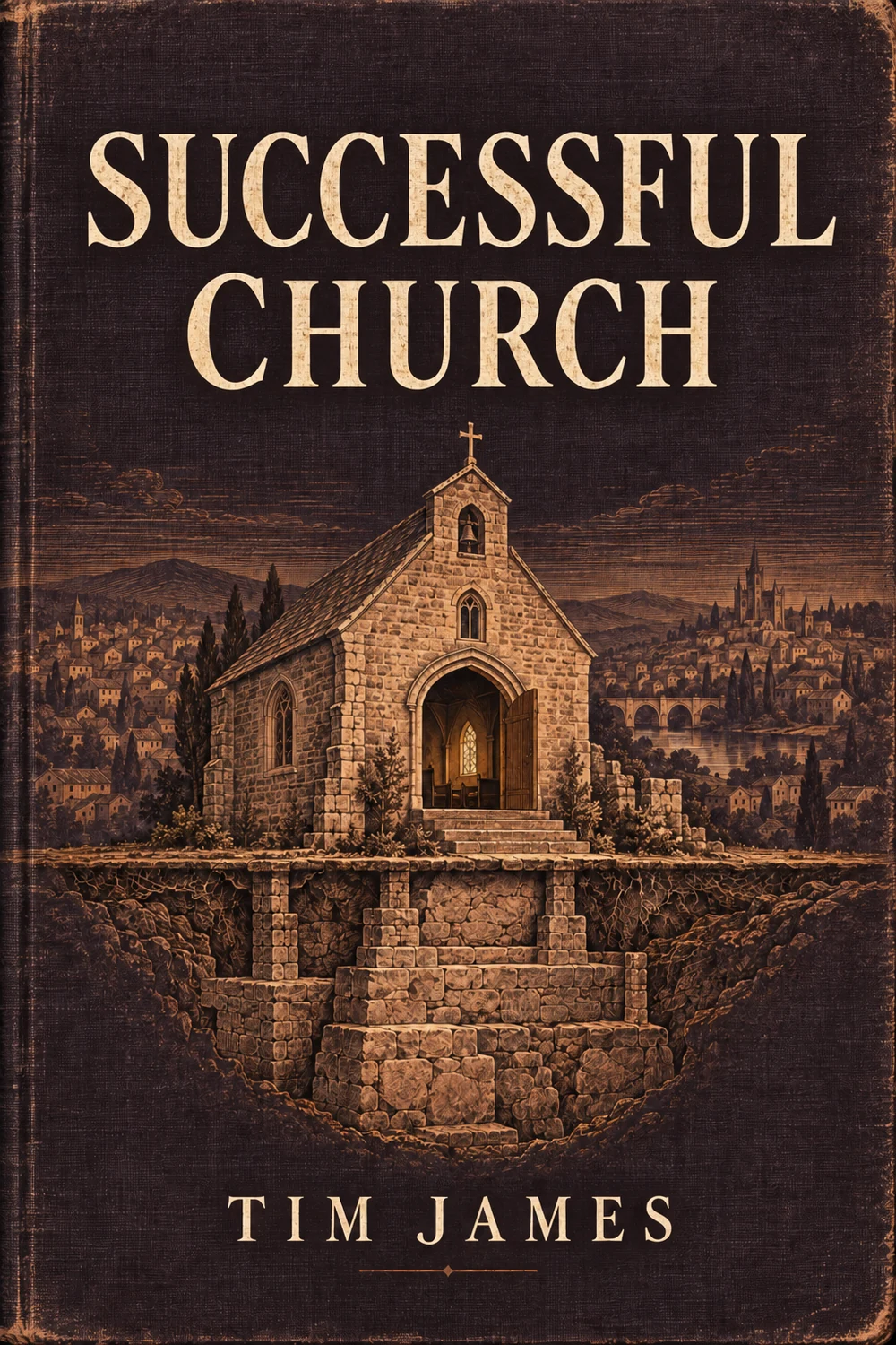 Successful Church by Tim James. Ivory lettering on dark aubergine cloth, with a copper engraving of a church, its deep foundations, and the surrounding town.