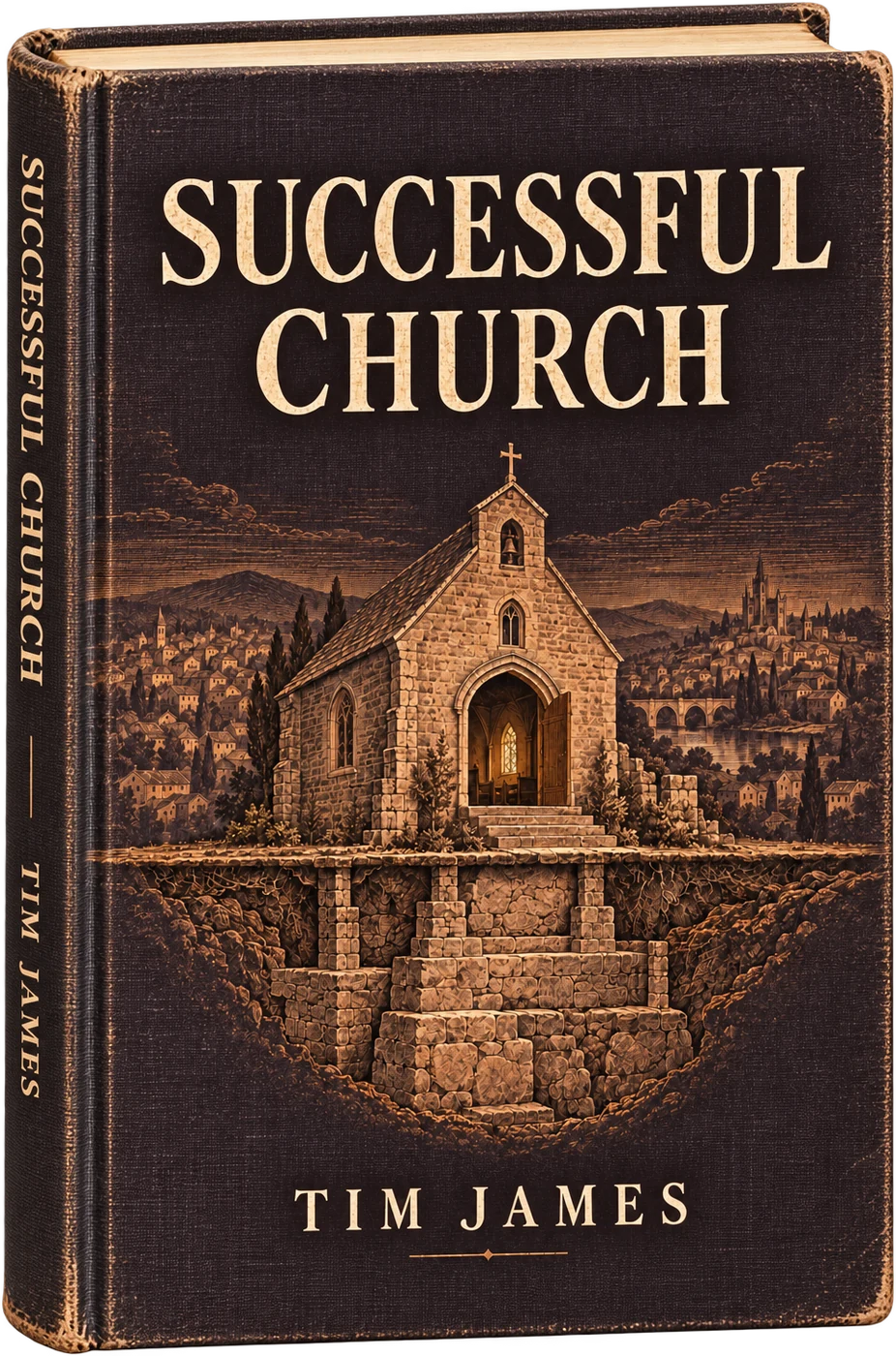 Successful Church by Tim James. Ivory lettering on dark aubergine cloth, with a copper engraving of a church, its deep foundations, and the surrounding town.