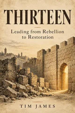 Thirteen by Tim James, with engraved stonework rising from rubble around a restored gateway.