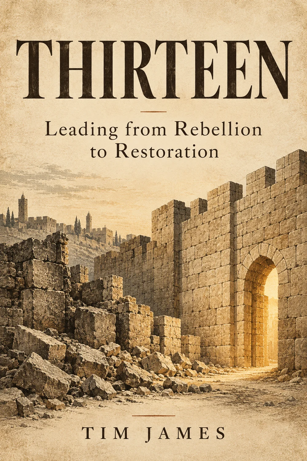 Thirteen: Leading from Rebellion to Restoration by Tim James. Sandstone walls and a restored gateway engraved against dark book cloth.