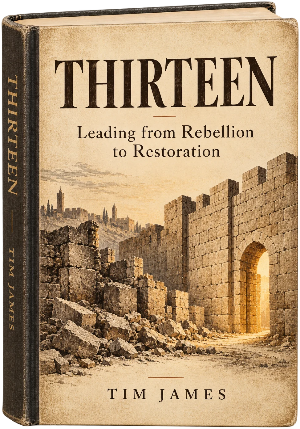 Thirteen: Leading from Rebellion to Restoration by Tim James. Sandstone walls and a restored gateway engraved against dark book cloth.