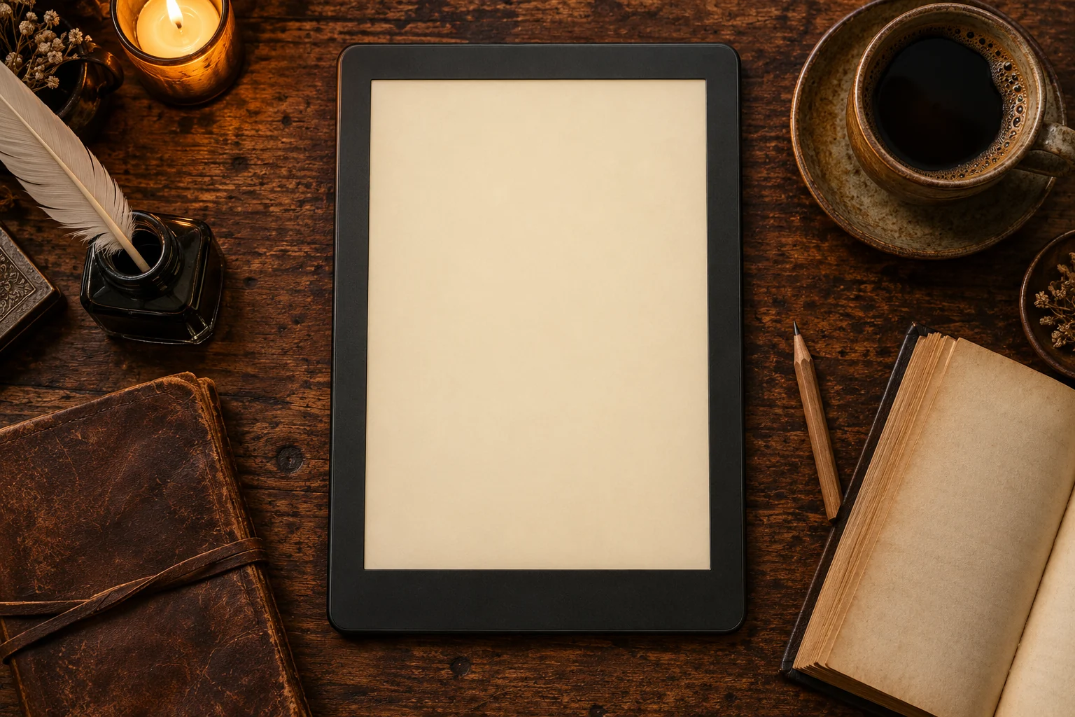 A warm walnut writing desk with an e-reader, coffee, a feather quill and ink, a worn journal, an open book, and a pencil.