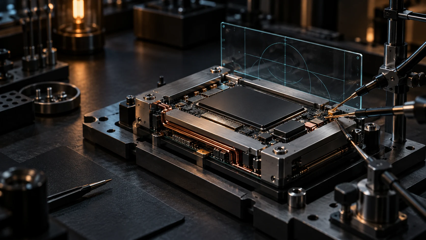 Concept art of a machined computing module with cyan circuitry and warm metallic details