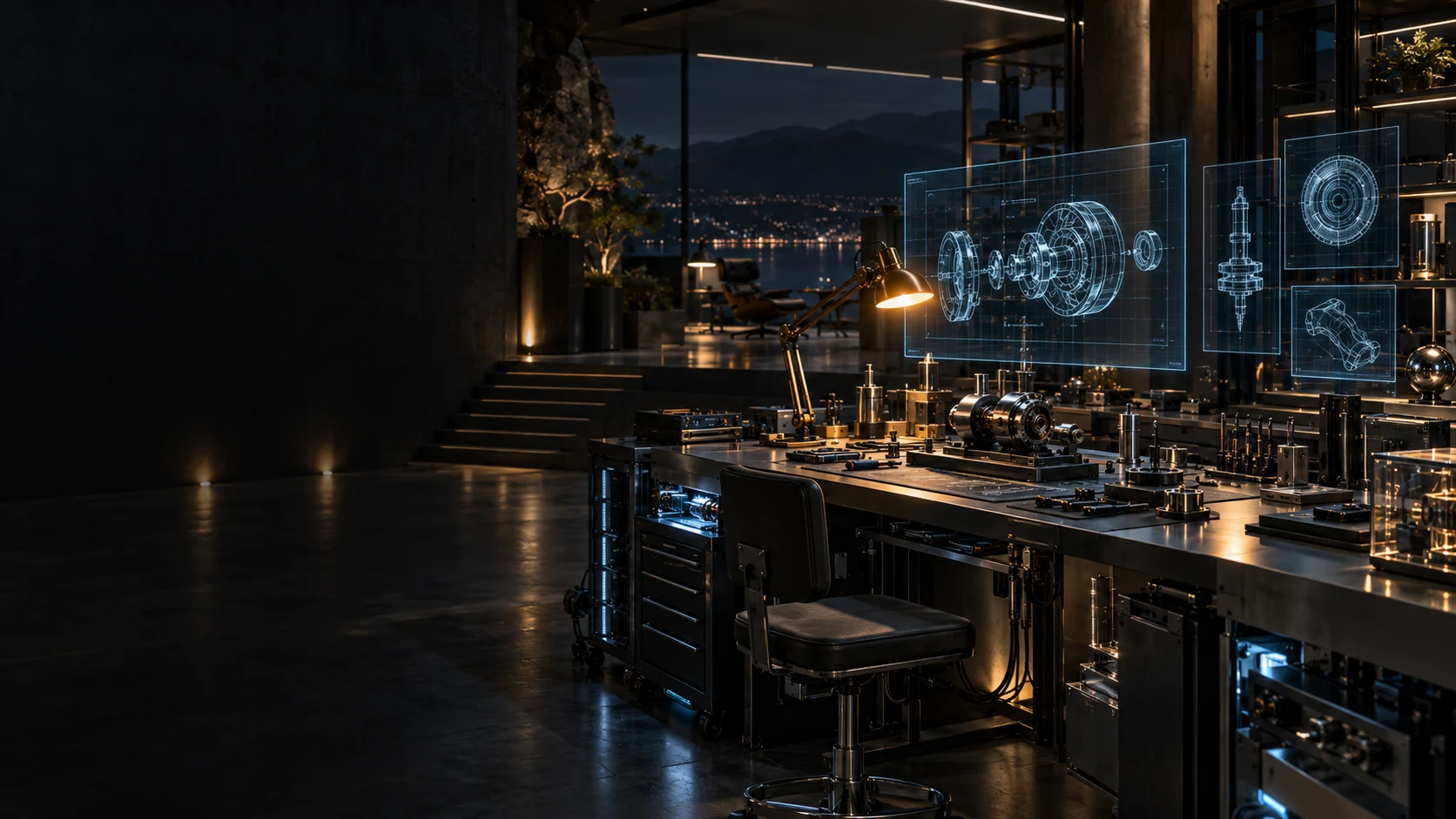 A futuristic engineering lab with a precision workbench and cyan schematic displays