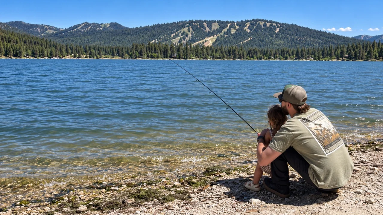 An adult helping a young child fish from a rocky lakeshore beneath pine-covered mountains.