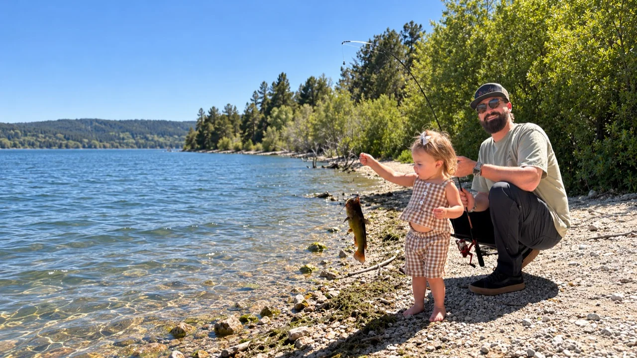 A child holding up a small fish beside an adult on a sunny lakeshore.