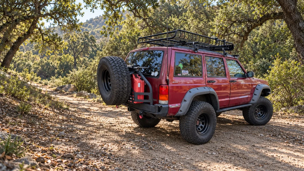A red Jeep with a roof rack and spare tire parked on a dirt trail beneath trees.