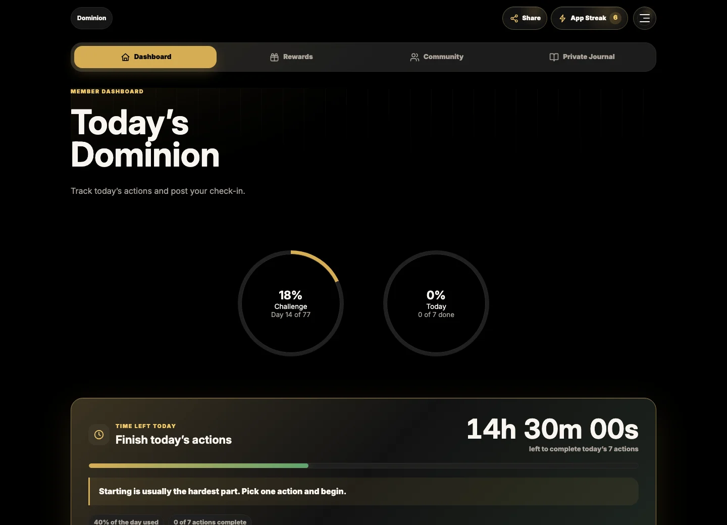 77 Dominion dark dashboard with challenge and daily completion rings and a daily countdown.