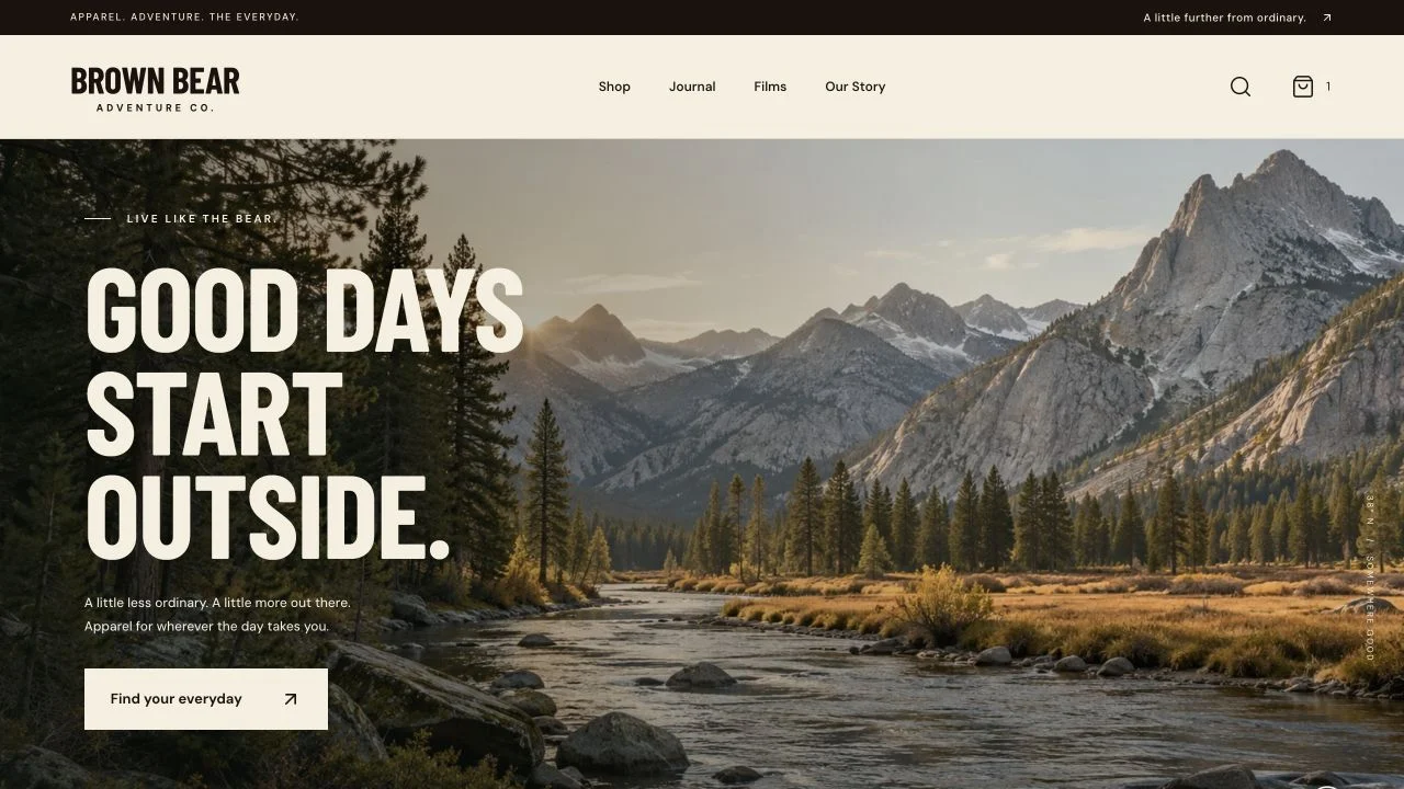 Brown Bear Adventure Co. storefront with a mountain landscape, shop navigation, and Good days start outside heading.