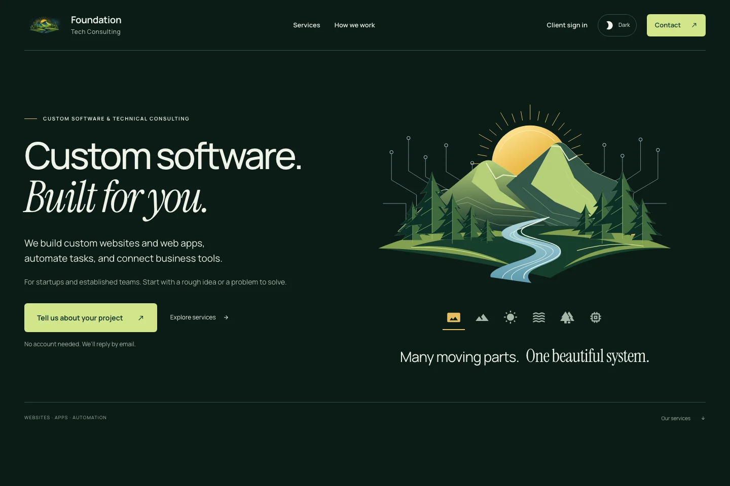 Foundation Tech Consulting homepage with custom software headline and an interactive mountain, forest, and river illustration.