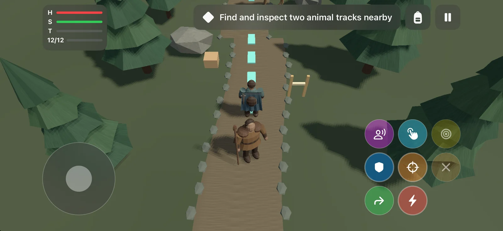 Pangea development build showing two characters on a forest trail with a movement stick, action buttons and an exploration objective.