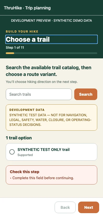 ThruHike development trip wizard with a synthetic data banner, progress steps, and trail selection controls.